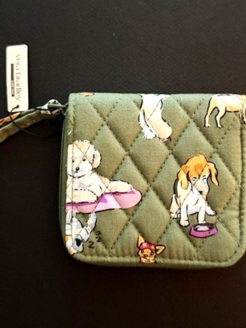 Vera Bradley Quilted Dog Park Zip Wallet - Olive Green with Multicolor Pups NWT - Picture 6 of 6